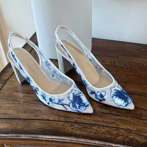 Betsey Johnson White and Blue Floral Heels